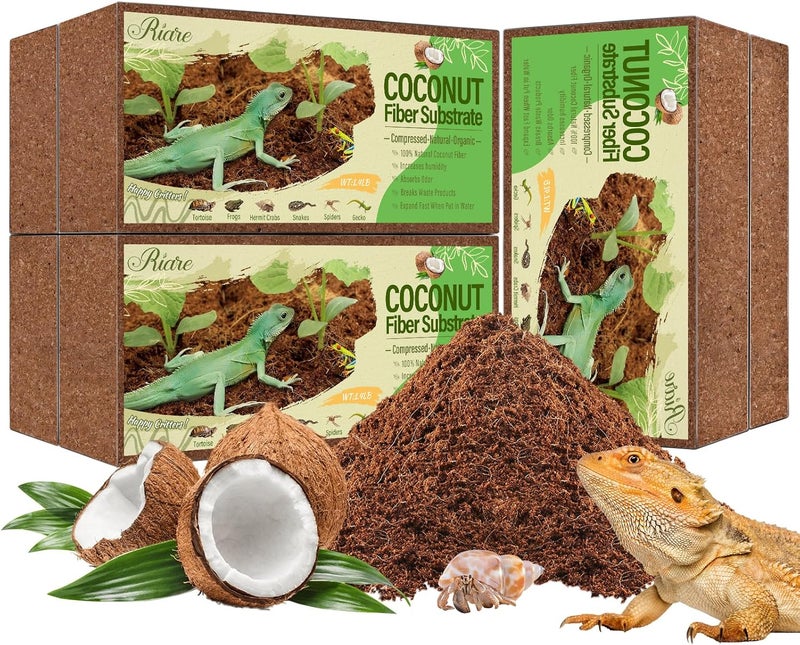 Riare 6 Pack Natural Coconut Fiber Substrate for Reptile- Premium Compressed Coconut Husk Terrarium Bedding for Reptile, Tortoise, Frogs, Snakes Hermit Crabs, Burrowing Animals - Image 1